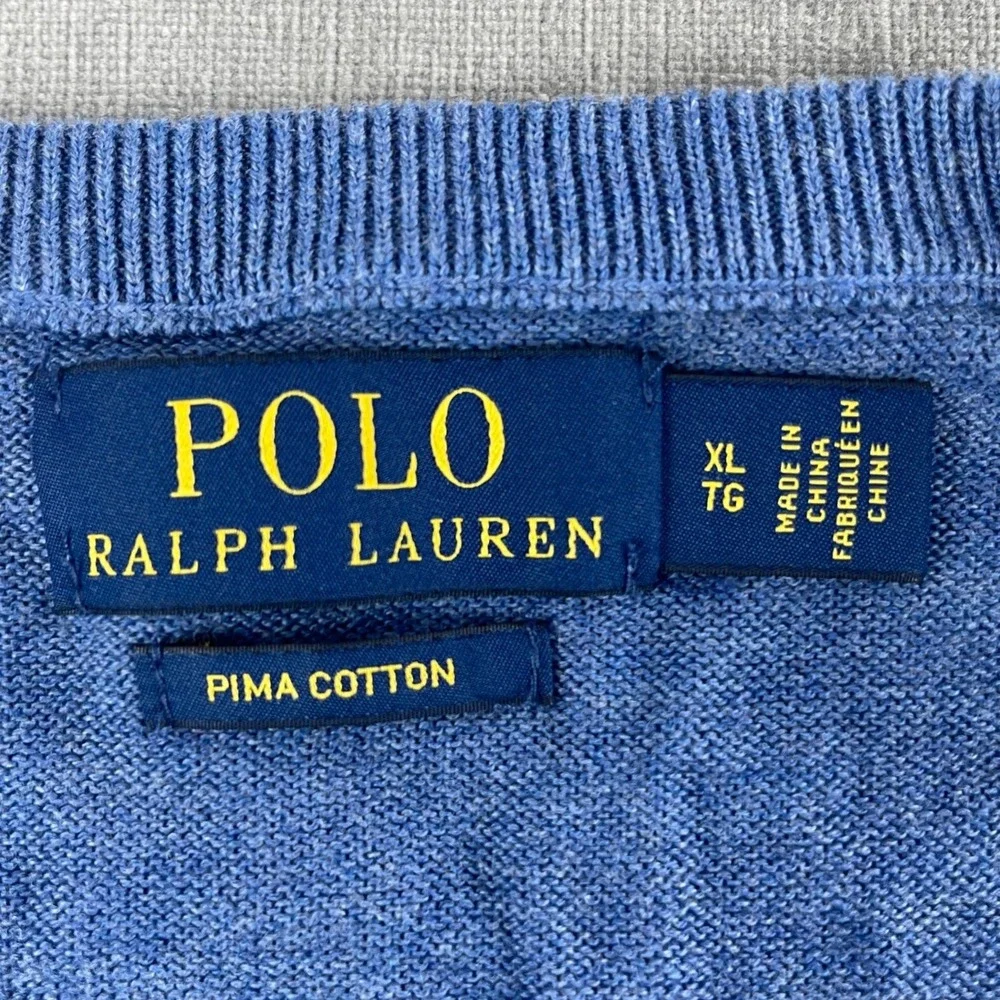 Polo Ralph Lauren Mens XL Blue Pima Cotton V-Neck Sweater Pony Logo